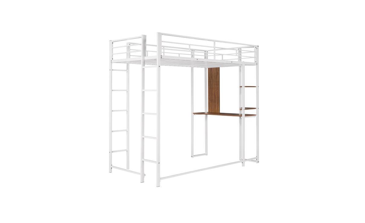 Slickblue Twin Metal Loft Bed with 2 Shelves and Desk - Space-Saving Solution for Bedrooms