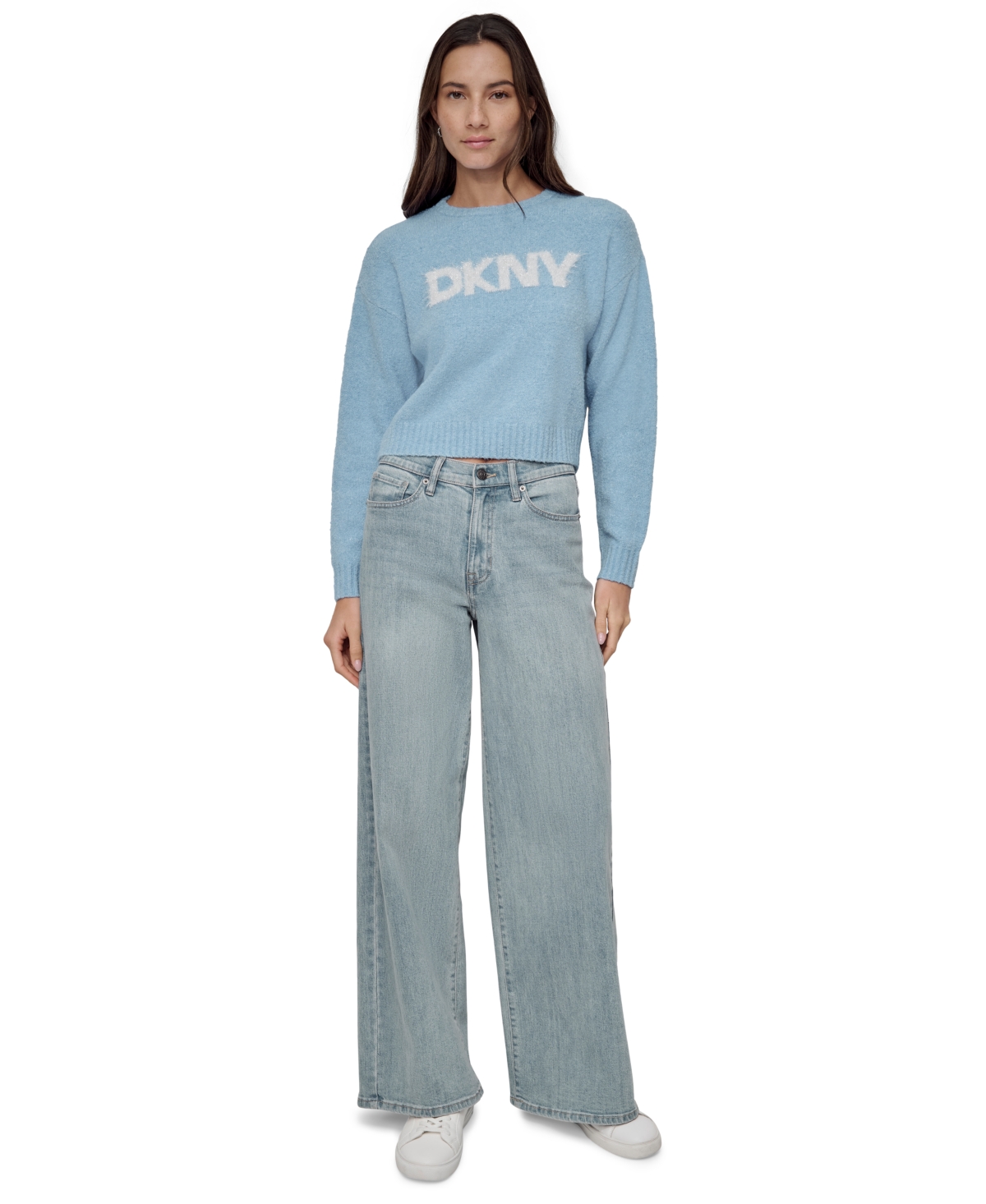 DKNY JEANS WOMEN'S TINSEL LOGO BOUCLE SWEATER 
