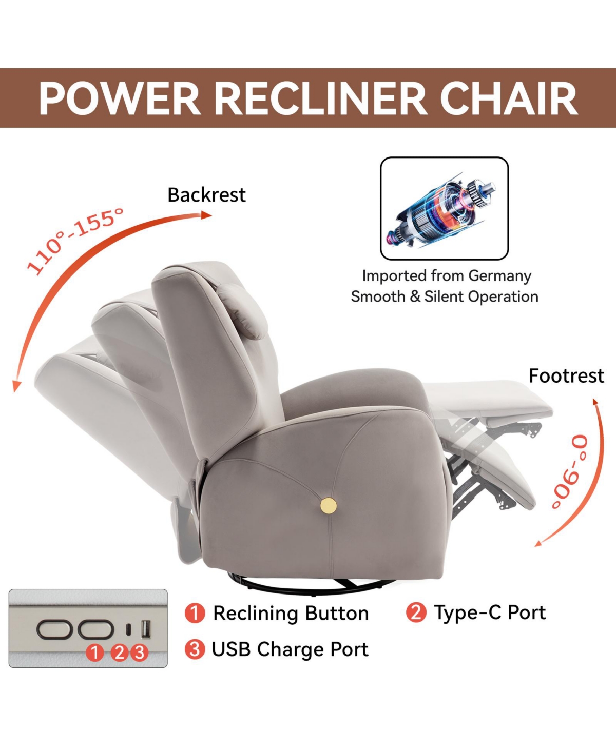 Streamdale FurnitureSwivel and Rocker Power Recliner Chair with Lumbar and Neck Support Pillow, Max Swivel Degree 270, Heavy Duty Motion Mechani