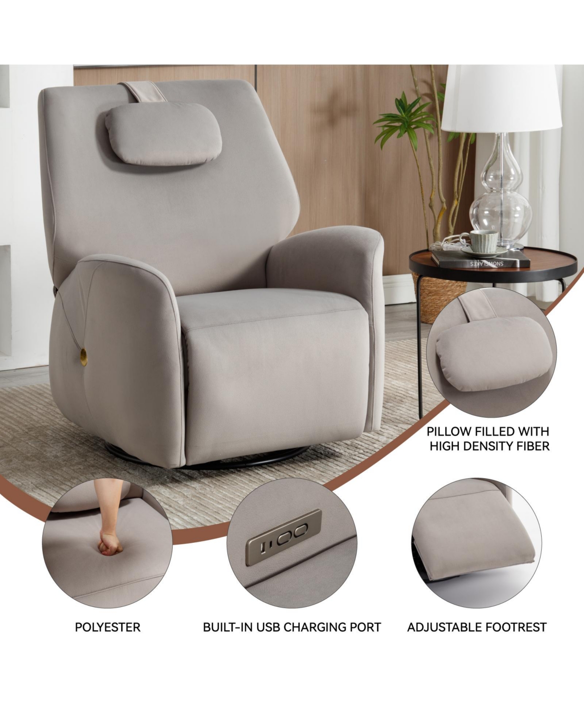 Streamdale FurnitureSwivel and Rocker Power Recliner Chair with Lumbar and Neck Support Pillow, Max Swivel Degree 270, Heavy Duty Motion Mechani