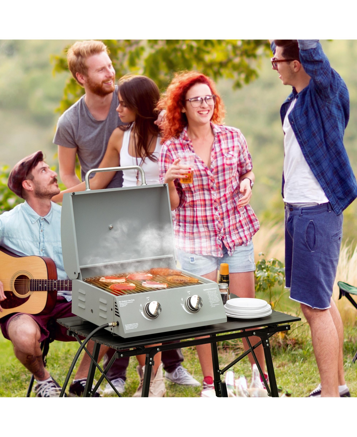 Streamdale Furniture 2 Burner Propane Gas Grill Outdoor Portable Tabletop Bbq with Foldable Legs, Lid, Thermometer for Camping, Picnic, Backyard, Ligh