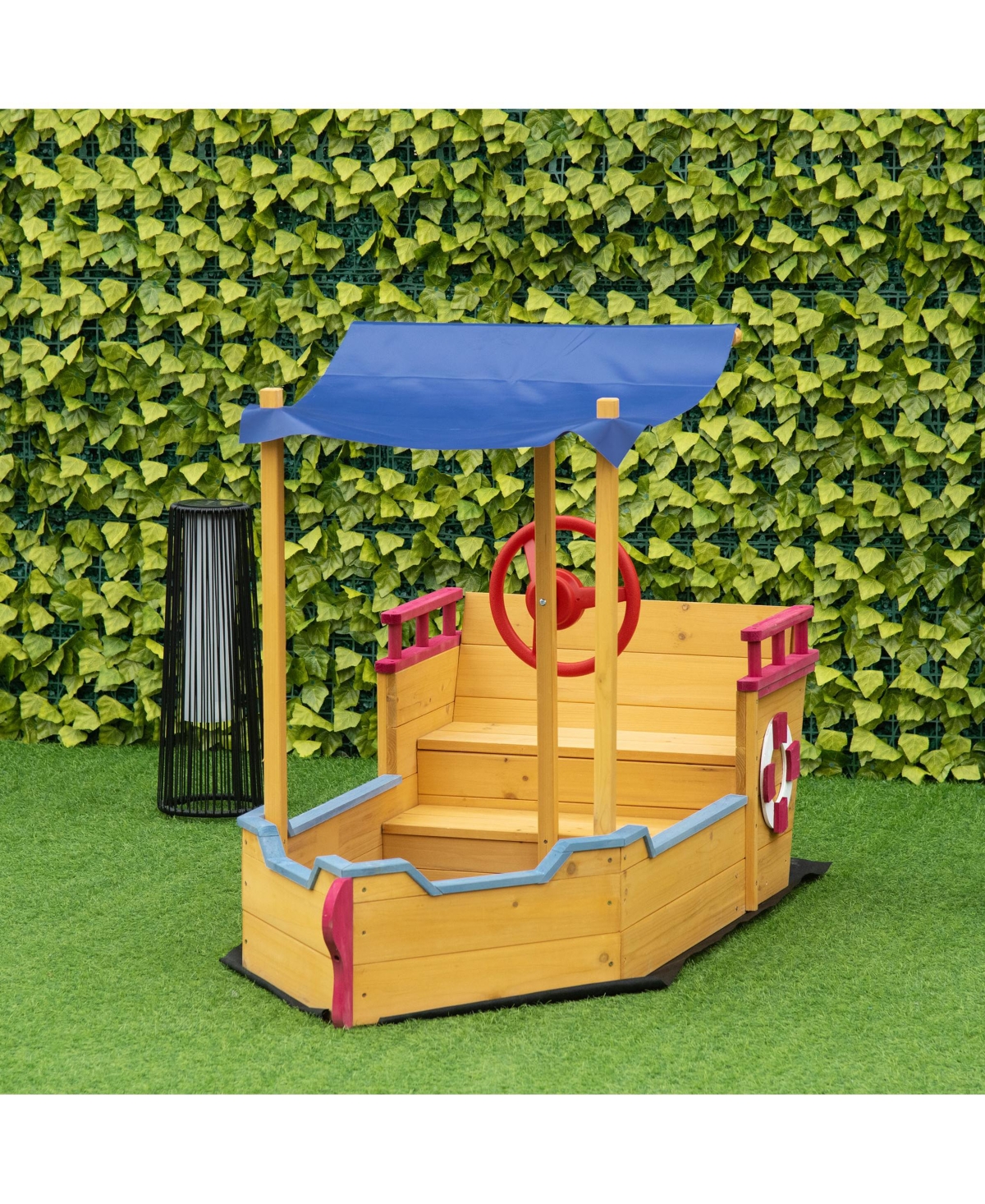 Streamdale Furniture Pirate Ship Sandbox with Cover and Rudder, Wooden Sandbox with Storage Bench and Seat, Outdoor Toy for Kids Ages 3-8 Years Old