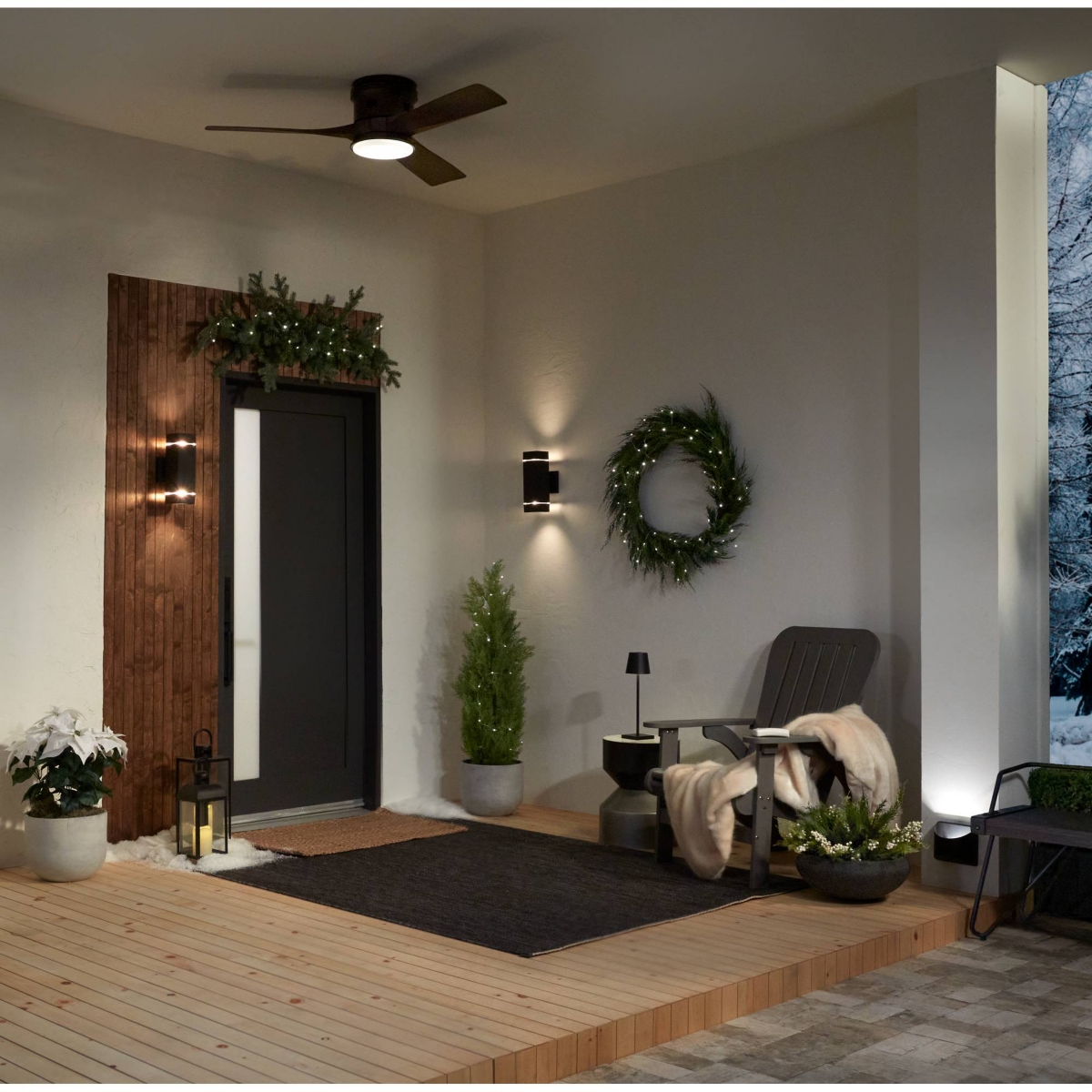 Casa Vieja Salerno Modern Industrial Hugger Low Profile 3 Blade Indoor Outdoor Ceiling Fan with Light Led Remote Bronze Wood Opal Glass Damp Rated