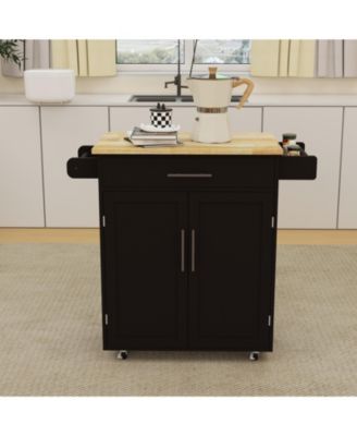 28.18" E1 MDF, Rubber Wood Drawer, Doors, Adjustable Shelves, Towel & Seasoning Racks, Locking Casters Rolling Kitchen Cart