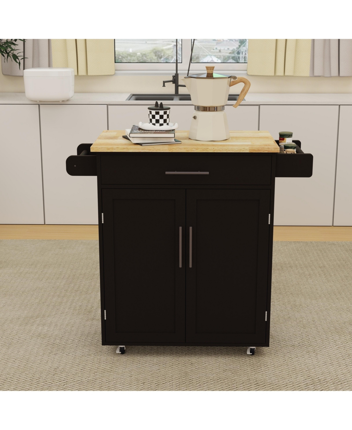 Streamdale Furniture Kitchen island rolling trolley cart with drawer & 2 doors with Adjustable Shelves & towel rack & seasoning rack rubber wood tab