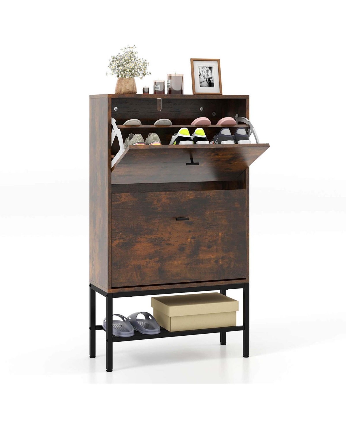 Industrial Shoe Storage Cabinet with 2 Flip Drawers 1 Bottom Metal Shelf Organizer - Brown