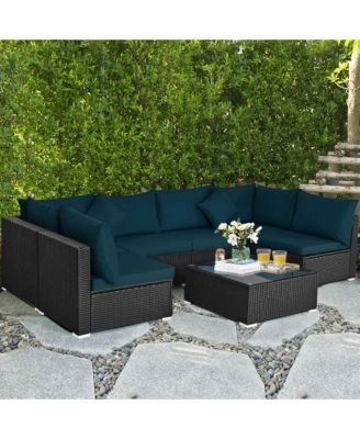 7PCS Patio Rattan Sofa Set Sectional Conversation Furniture Set Garden Outdoor Peacock