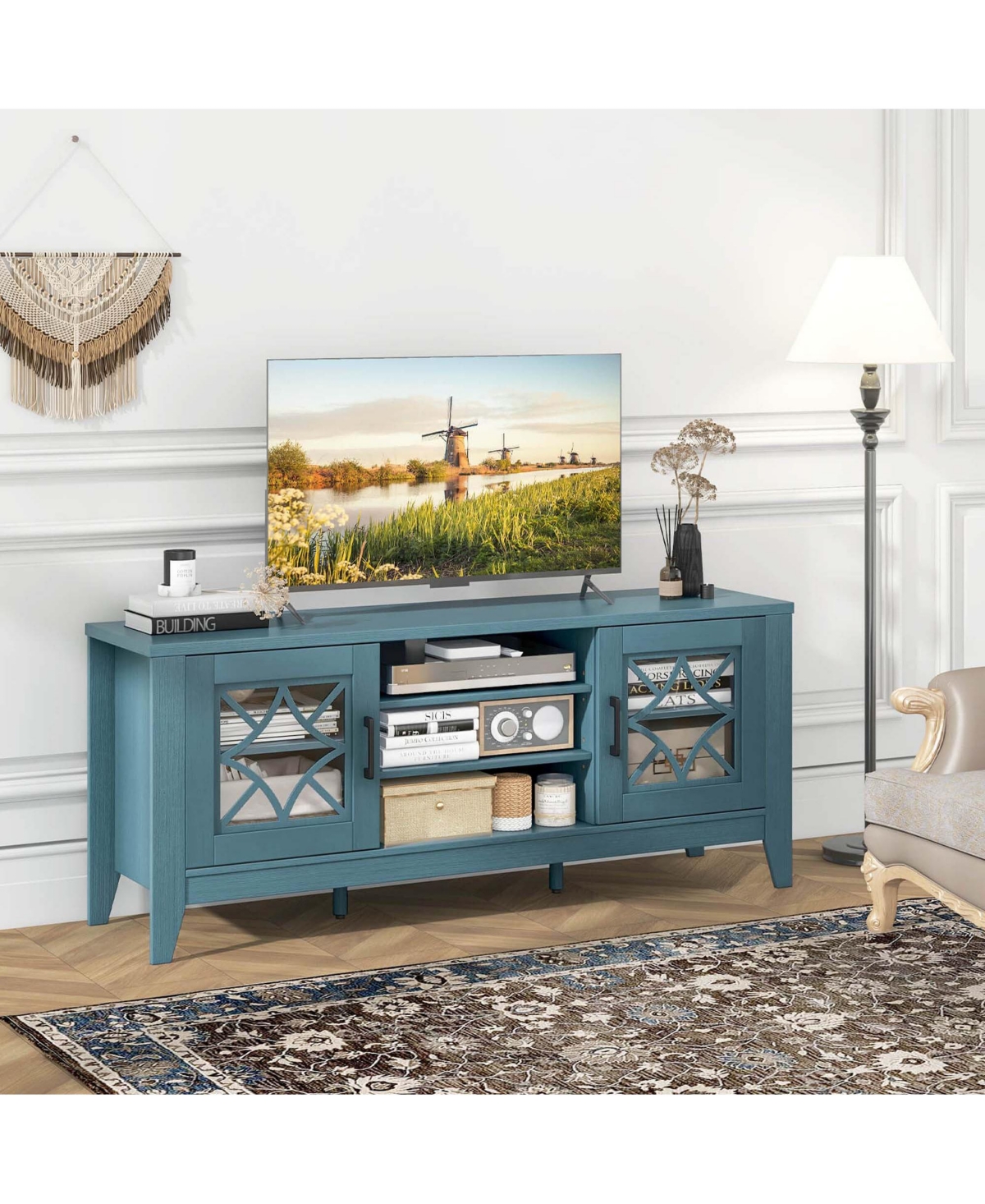 Costway Tv Stand for TVs up to with 3-Position Adjustable Shelves Tempered Glass Doors