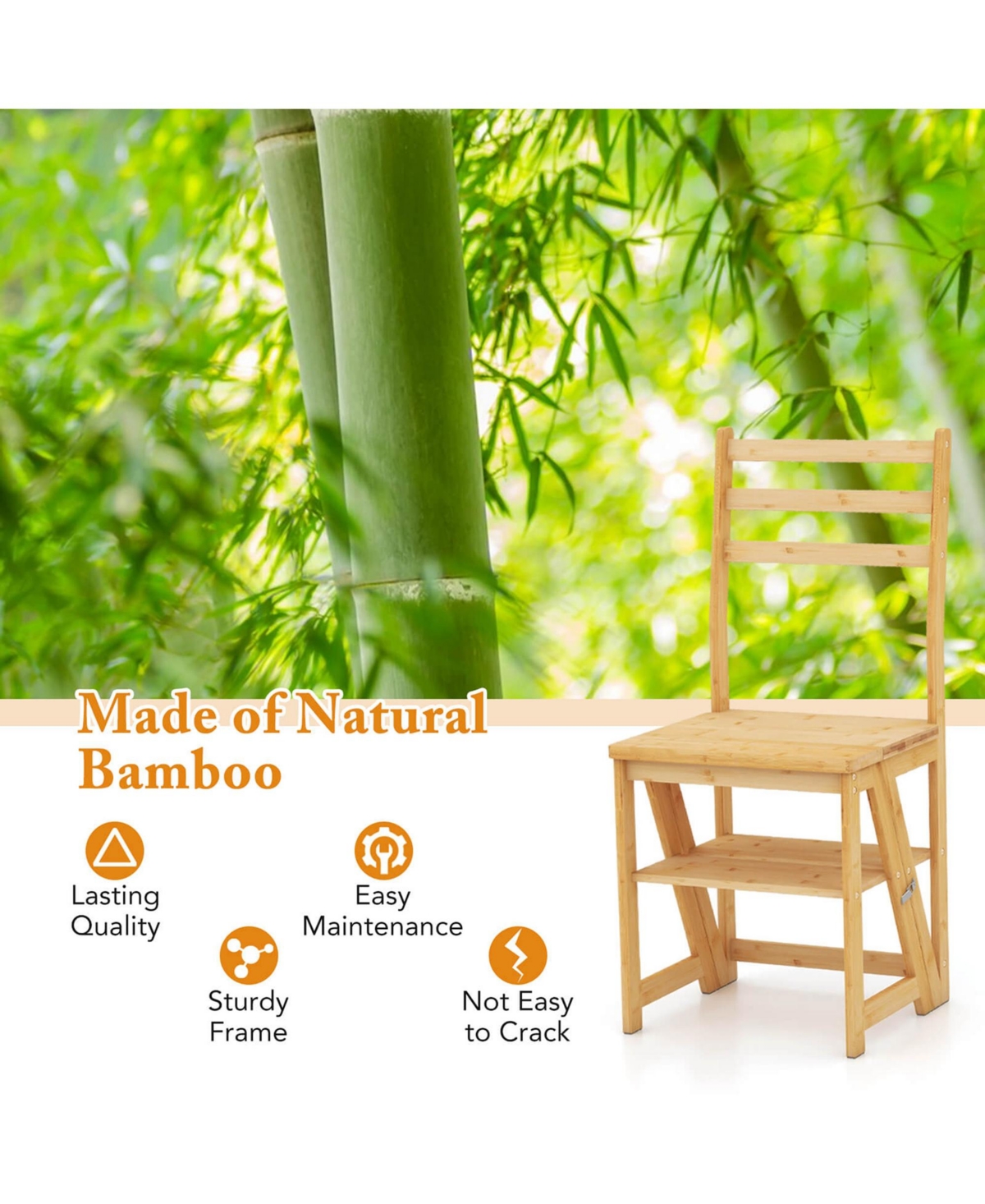 Costway Toddler 3-Step Folding Step Ladder Chair with Bamboo Frame Convertible Ladder Stool Reddish