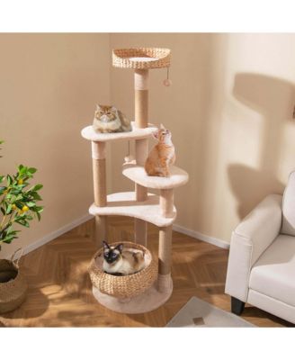 65" Cattail Cat Tower with Jute Scratching Posts Perch Basket Bed Dangling Balls