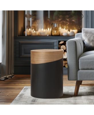 Natural Wood and Metal Round Drum Modern Accent End Side Table