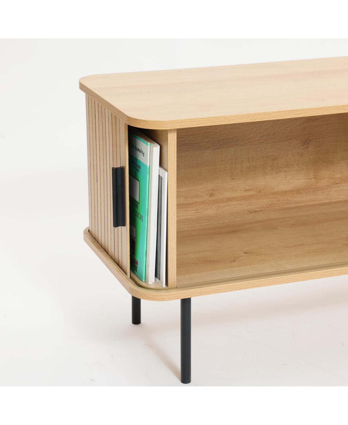 LuxenHome Modern Tv Stand with Storage and Slatted Sliding Doors for TVs Up to
