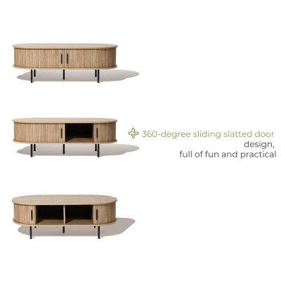 Standard Wood Slatted Sliding Doors Storage Mid-Century Modern Oval Coffee Table