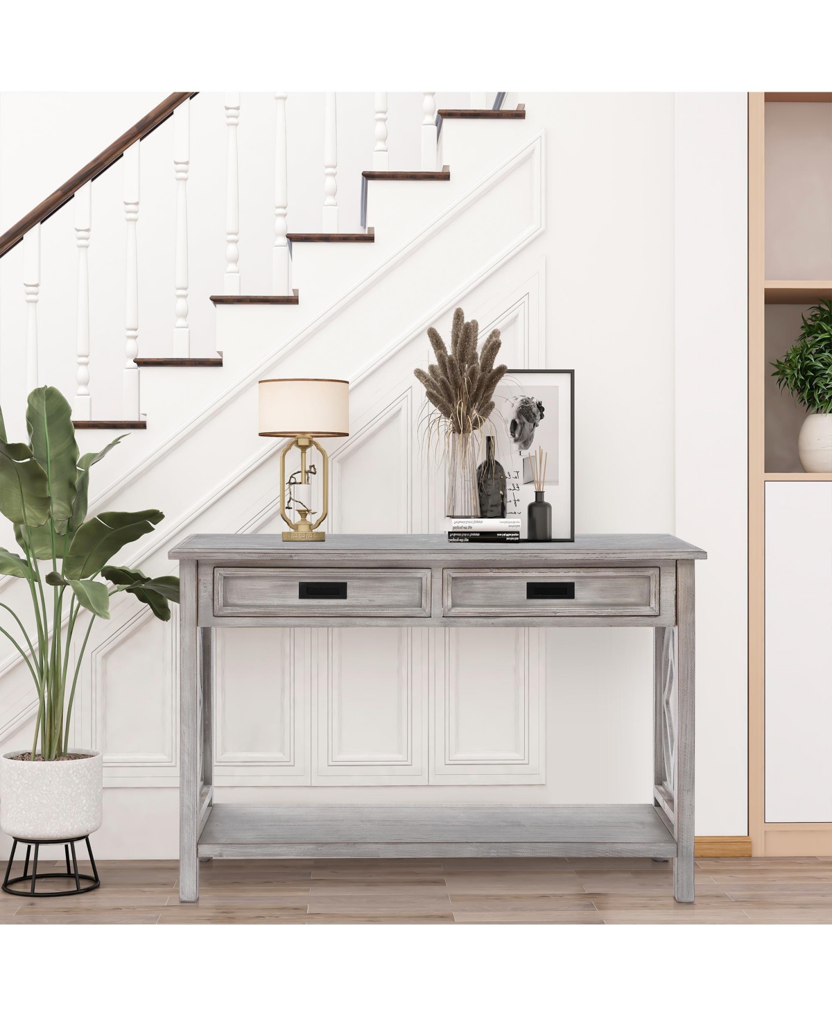 LUXENHOME GRAY WOOD 2-DRAWER 1-SHELF CONSOLE AND ENTRY TABLE 