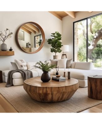 Natural Rubberwood Frame Round Wall Mirror