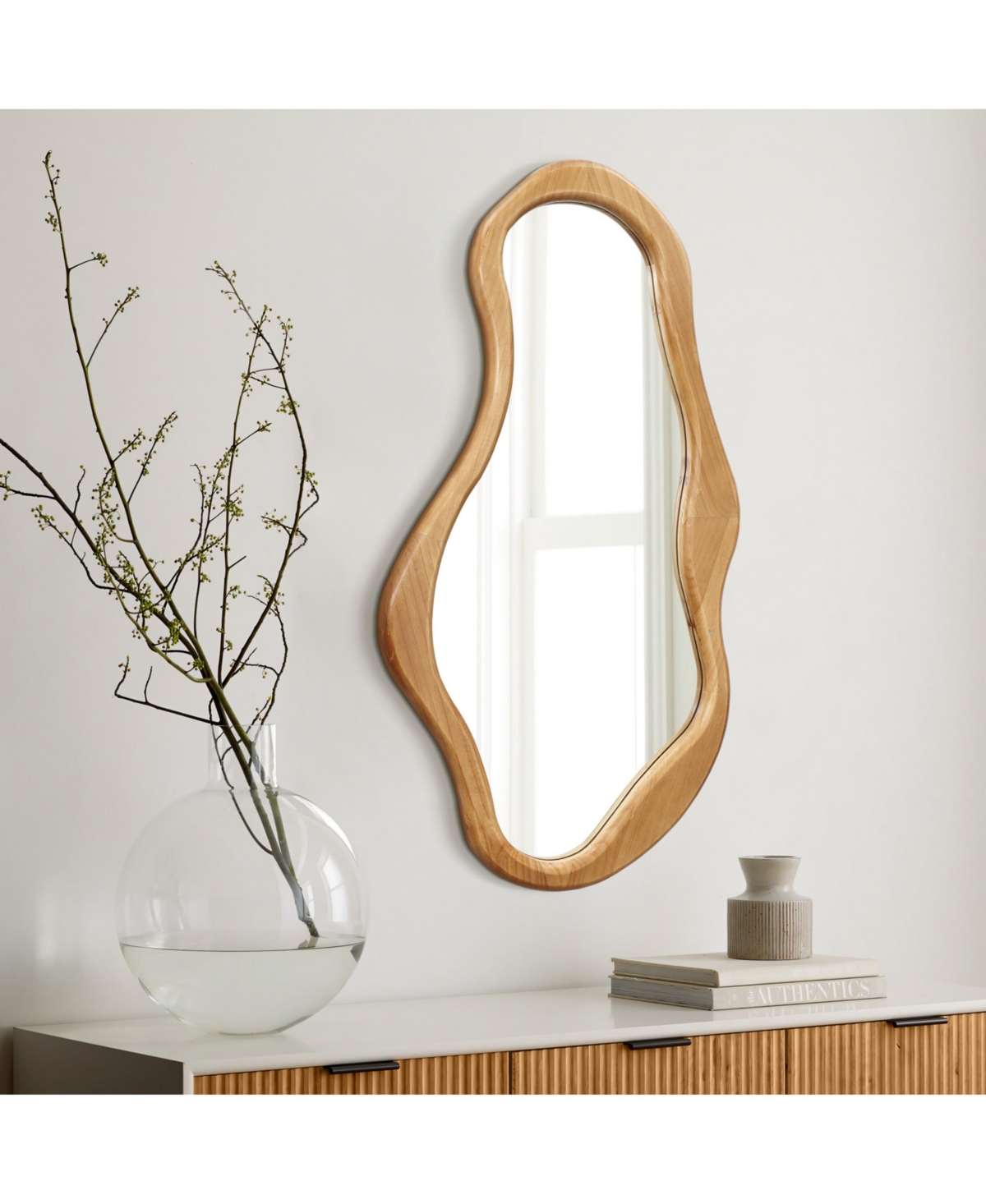 LuxenHome Natural Pine Wood Frame Irregular Oval Wall Mirror