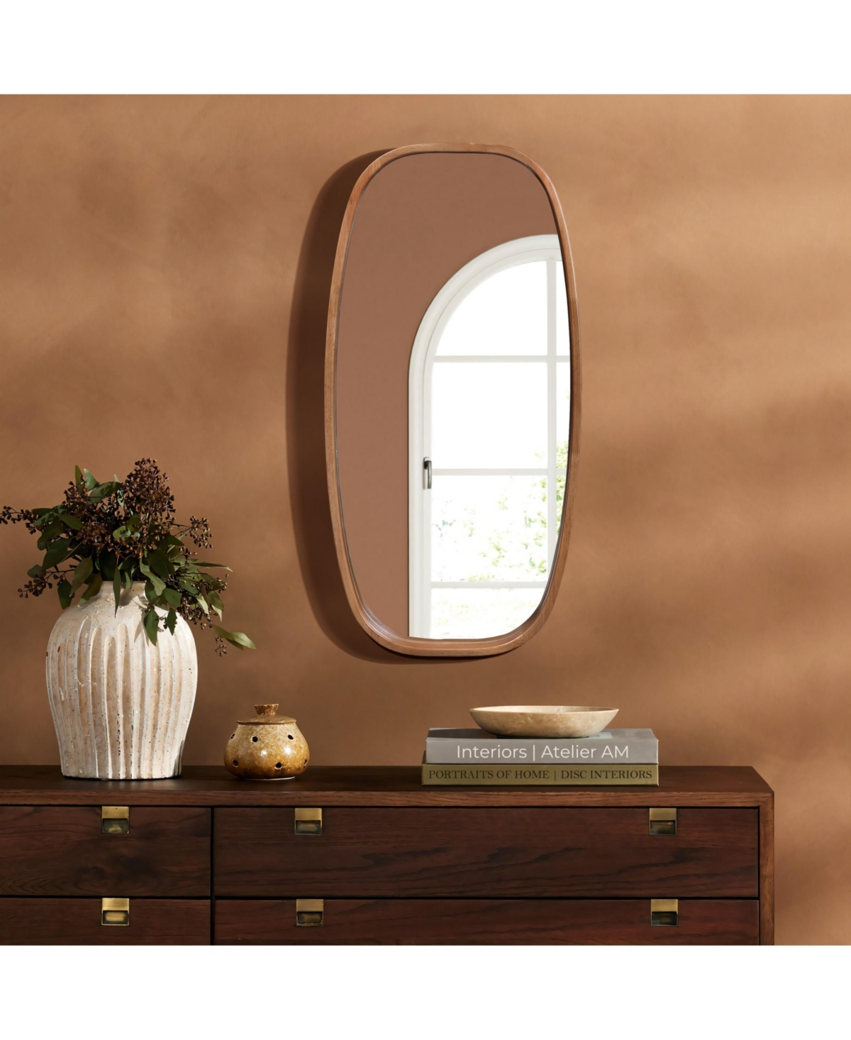 Luxenhome Natural Rubberwood Frame Rounded Rectangle Wall Mirror In Brown