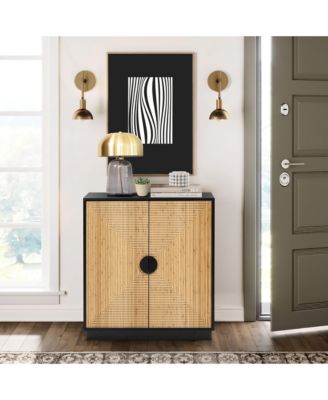 Mid Century Modern Boho 2-Door Black Bamboo Strips Accent Buffet Cabinet with Storage