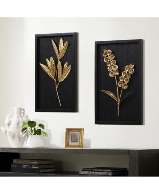 2-Piece Flower Bouquet Modern Wall Decor Set Black and Gold Abstract Wall Art Hanging Decoration