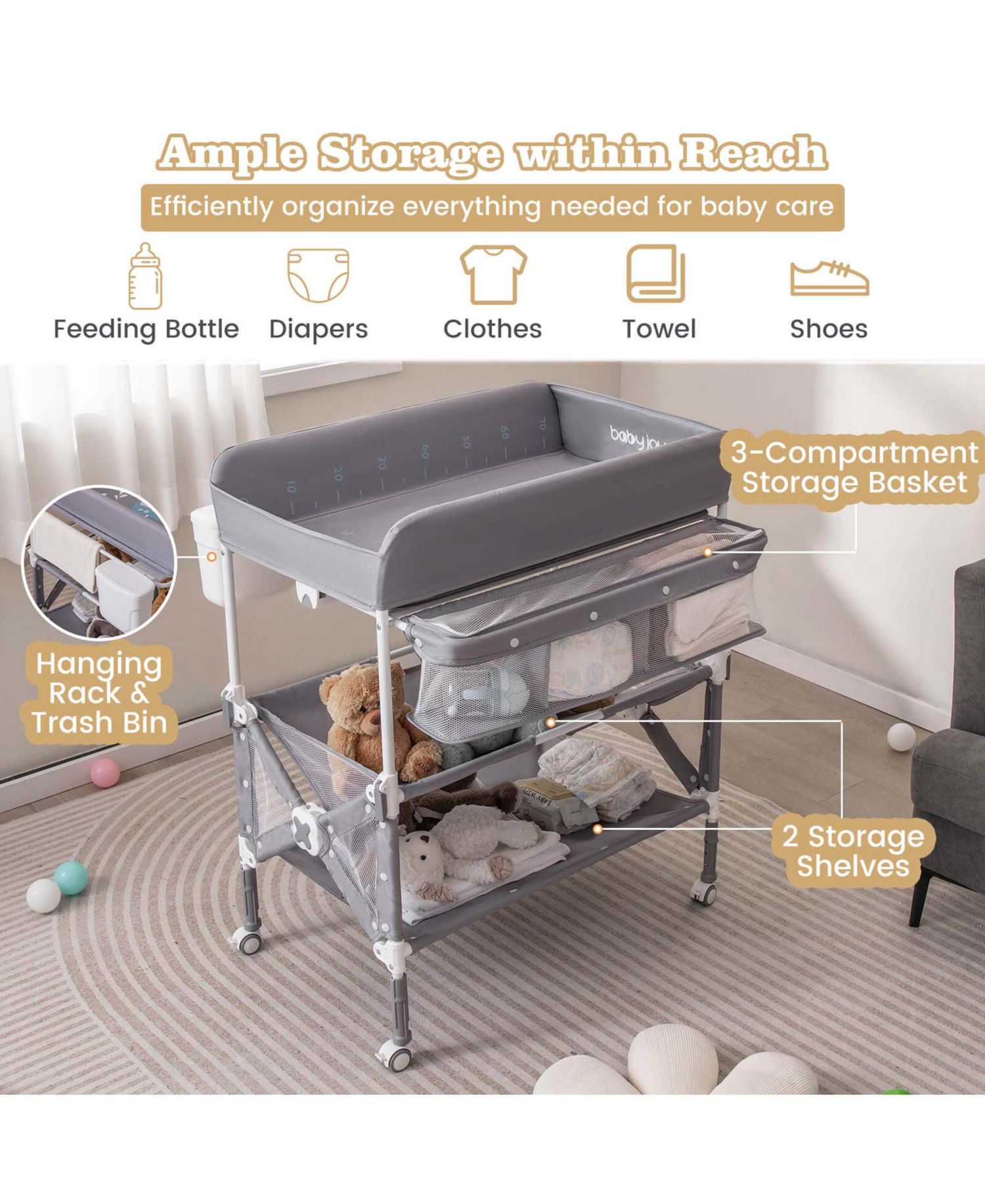 Portable Baby Changing Table with Wheels Adjustable Height Large Storage Rack