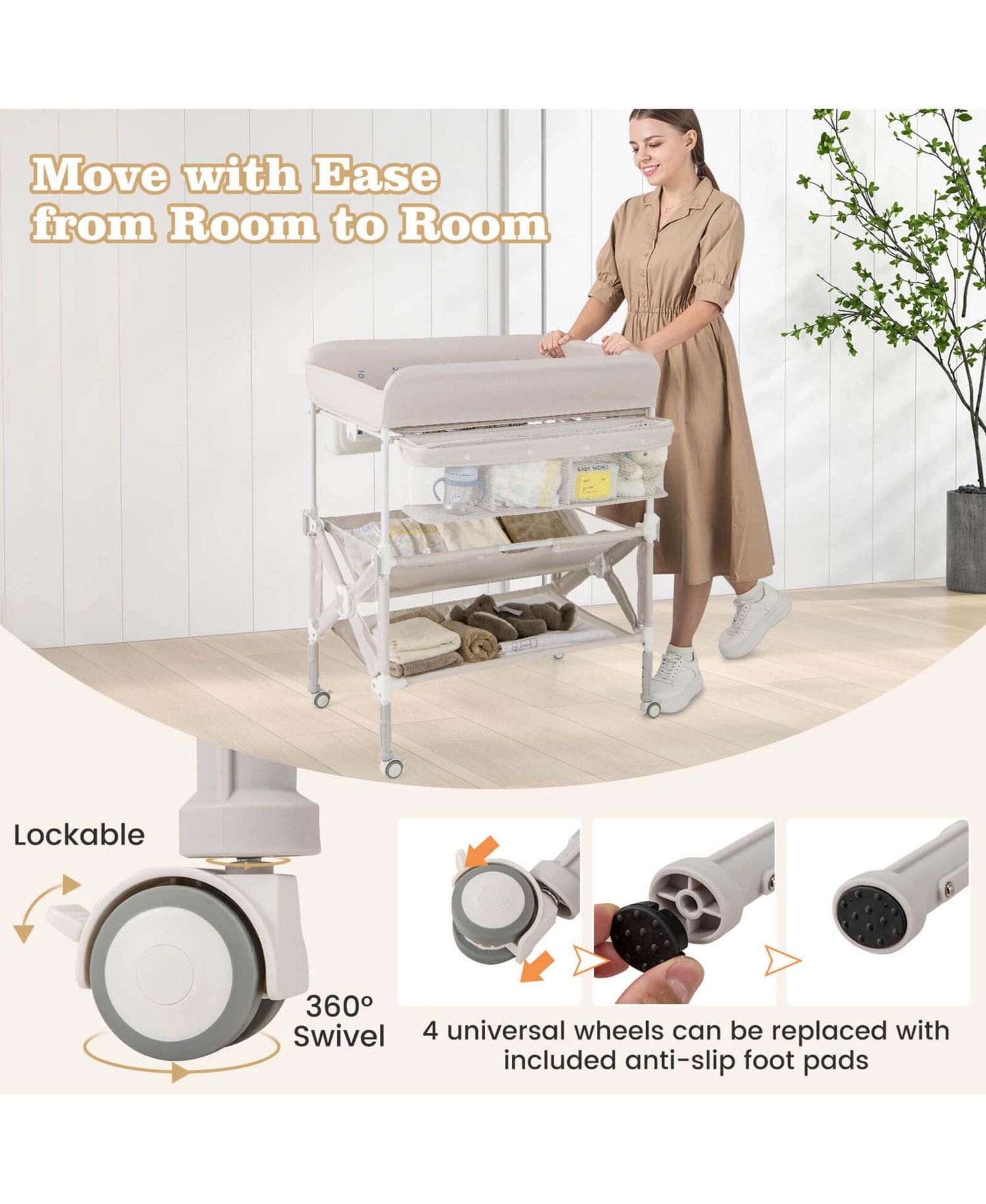 Portable Baby Changing Table with Wheels Adjustable Height Large Storage Rack