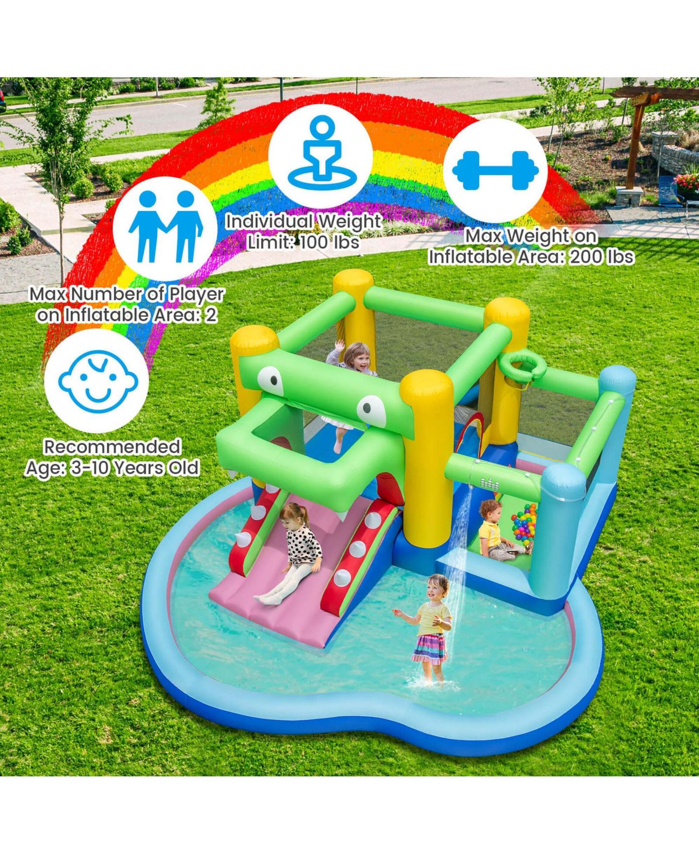 Детская игрушка Costway Crocodile 5-in-1 Inflatable Bounce House with Slide, Pool, Ball Pit & Basketball Hoop, Up to 2 Players, Ages 3-10, цвет: Синий — фото 8