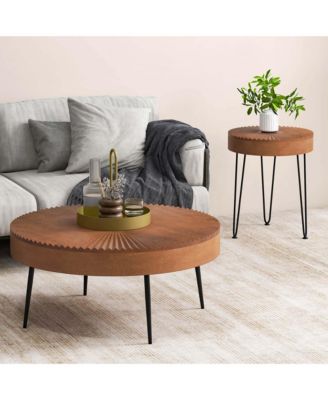 Farmhouse Round CoffeeTable Set of 2 End Table Natural Finish for Living Room Coffee
