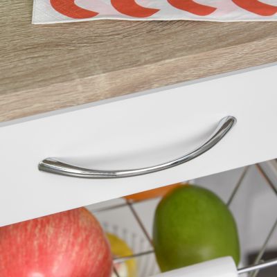 Mobile Kitchen Cart, Rolling Kitchen Island with Storage, Solid Wood Frame Utility Cart with Wire Fruit Baskets, Trays and Drawer, White