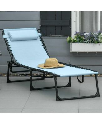 Folding Chaise Lounge Pool Chair, Patio Sun Tanning Chair, Outdoor Lounge Chair w/ 4-Position Reclining Back, Pillow, Breathable Mesh & Bungee Seat for Beach, Yard, Patio, Baby Blue