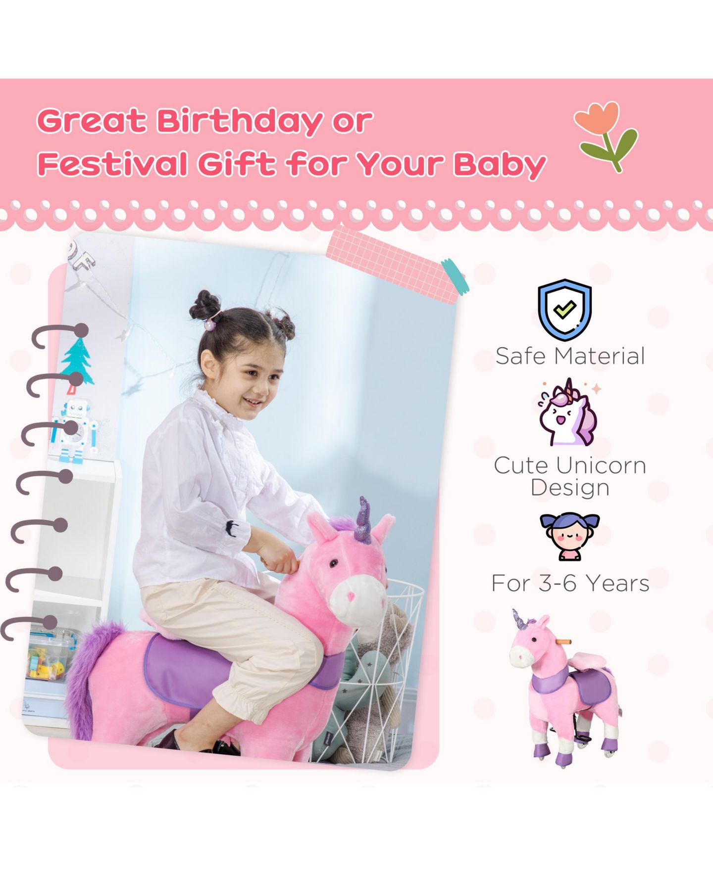 Детская мягкая игрушка Streamdale Furniture Soft Plush Unicorn Rocker with Sparkly Horn Ride-On, 176 lbs., Ages 3-6, цвет: Розовый — фото 5