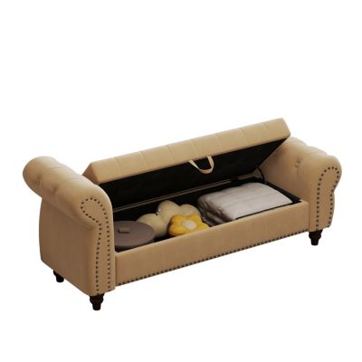 Khaki Velvet Bed Bench with Storage