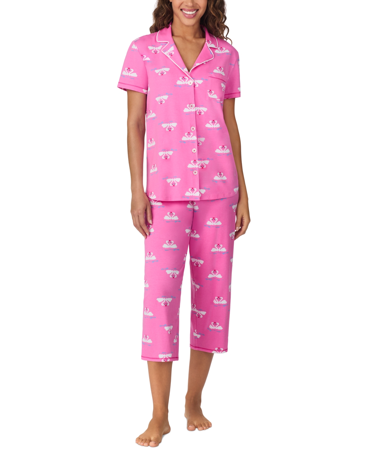 Shop Cuddl Duds Women's Cropped Short-sleeve Pajama Set In Pink Print