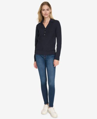 Women's Solid Button V Neck Polo Sweater