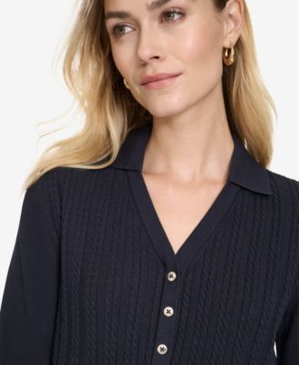 Women's Solid Button V Neck Polo Sweater