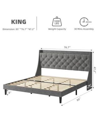 King Size Bed Frame with Upholstered Wingback Headboard, Luxurious Linen Upholstery Platform Bed with Charging Station, Button Tufted Design, No Box Spring Needed, Light Grey