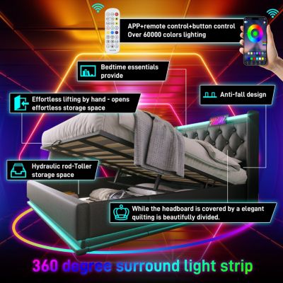 King Upholstered Bed with LED Lighting, Storage, and USB Charging Ports