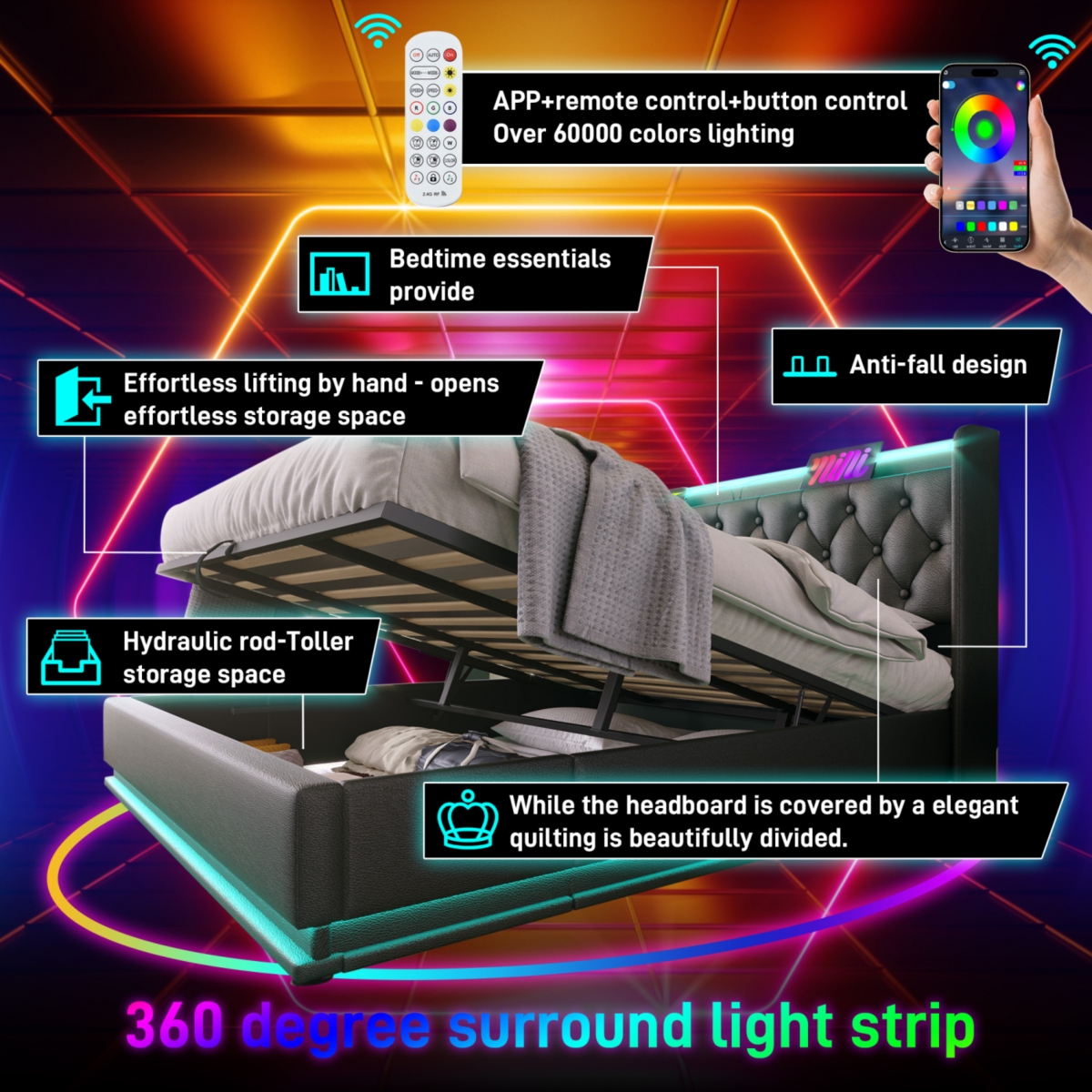 Streamdale Furniture King Upholstered Bed with Led Lighting, Storage, and Usb Charging Ports