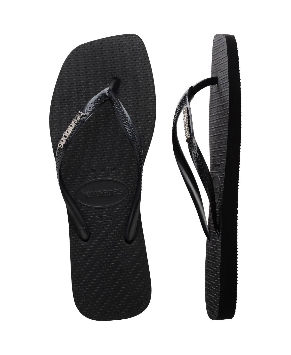 Shop Havaianas Women's Slim Square Logo Metallic Sandals In Black,silver