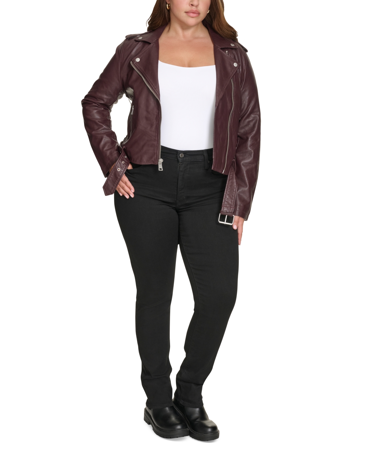 Levi's Plus Size Faux Leather Belted Motorcycle Jacket In Burgundy