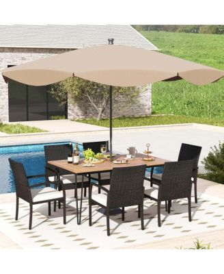7 PCS Patio Dining Set with Acacia Wood Dining Table Rattan Armchairs Soft Cushions