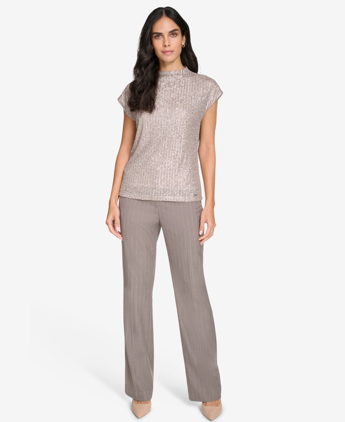 Calvin Klein Women's Sequin Short-Sleeve Top -oyster