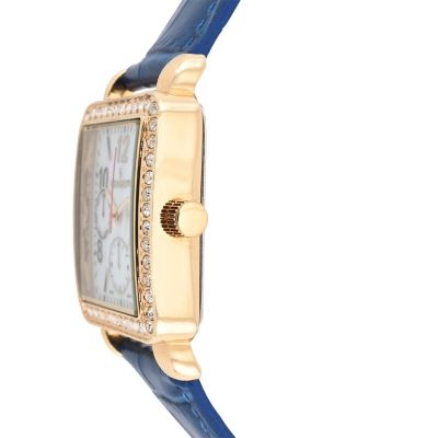 Women's 14K Gold Plated Square Dress Watch with European Crystals and Blue Leather Band
