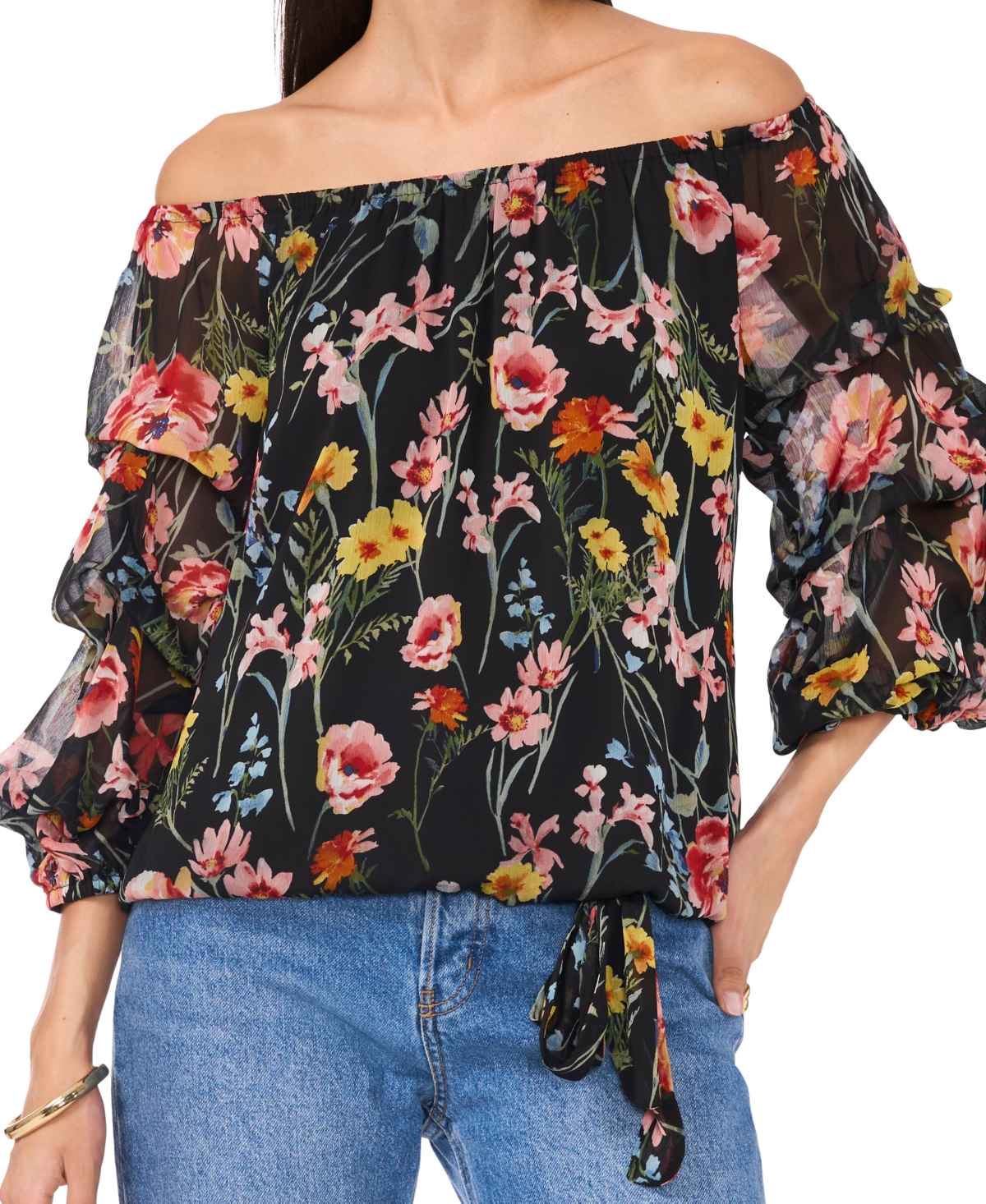 VINCE CAMUTO WOMEN'S FLORAL OFF-THE-SHOULDER BUBBLE 3/4-SLEEVE TIE-FRONT BLOUSE 