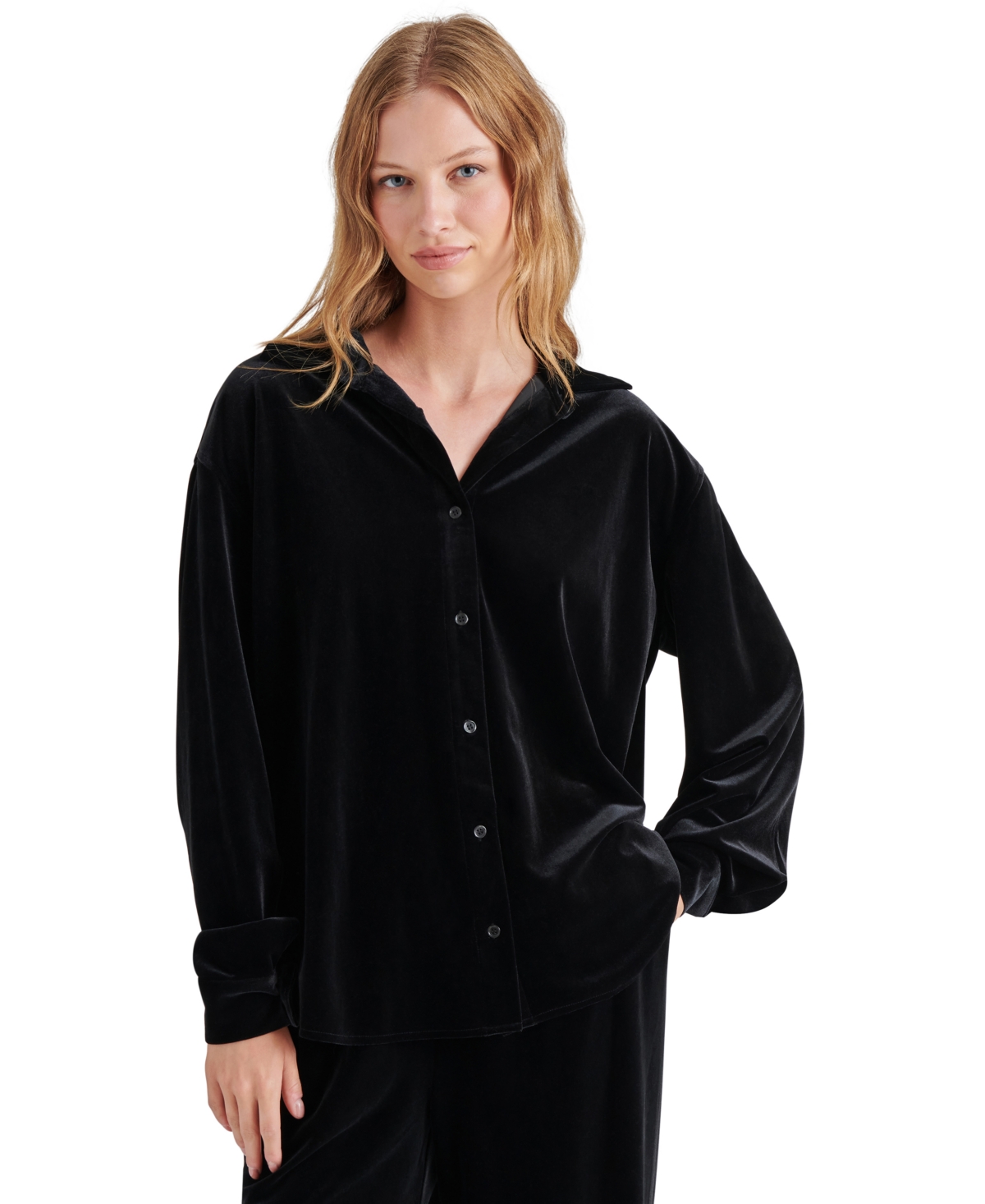Steve Madden Women's Jaelynn Velvet Fold-collar Blouse In Black