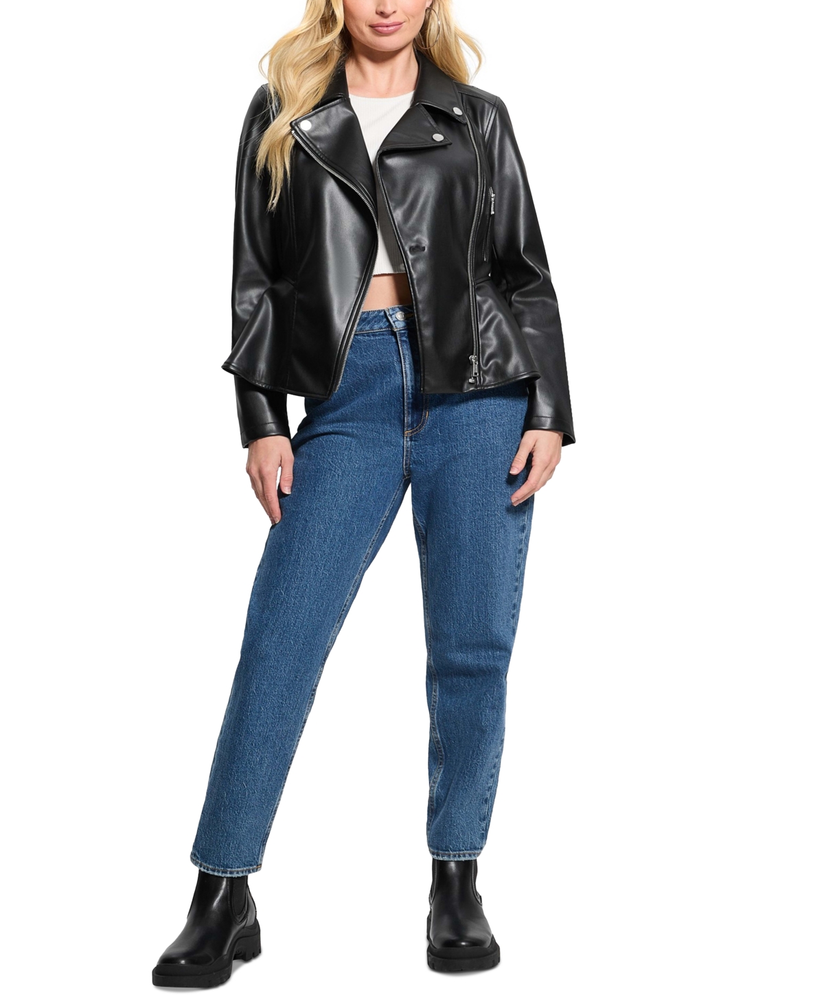 GUESS WOMEN'S IVY FAUX-LEATHER PEPLUM MOTO JACKET 