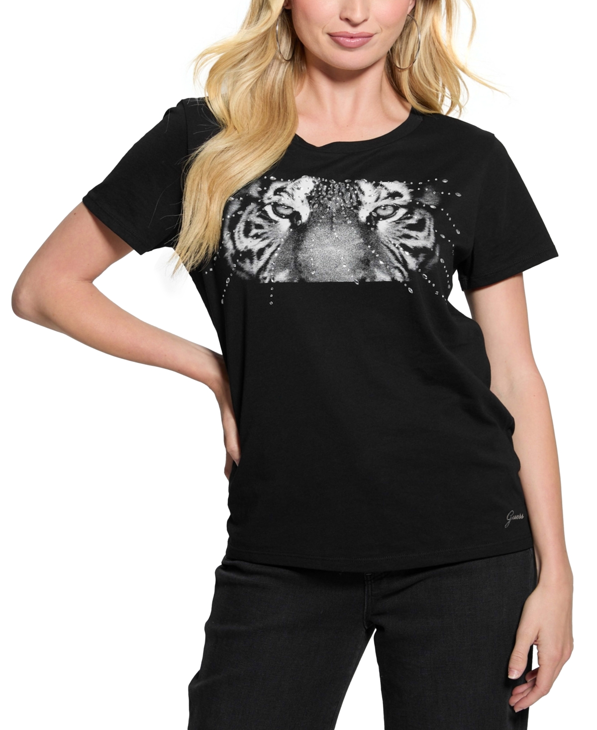 Guess Women's Tiger Eyes Graphic Crewneck Cotton Easy T-Shirt - Jet Black A996