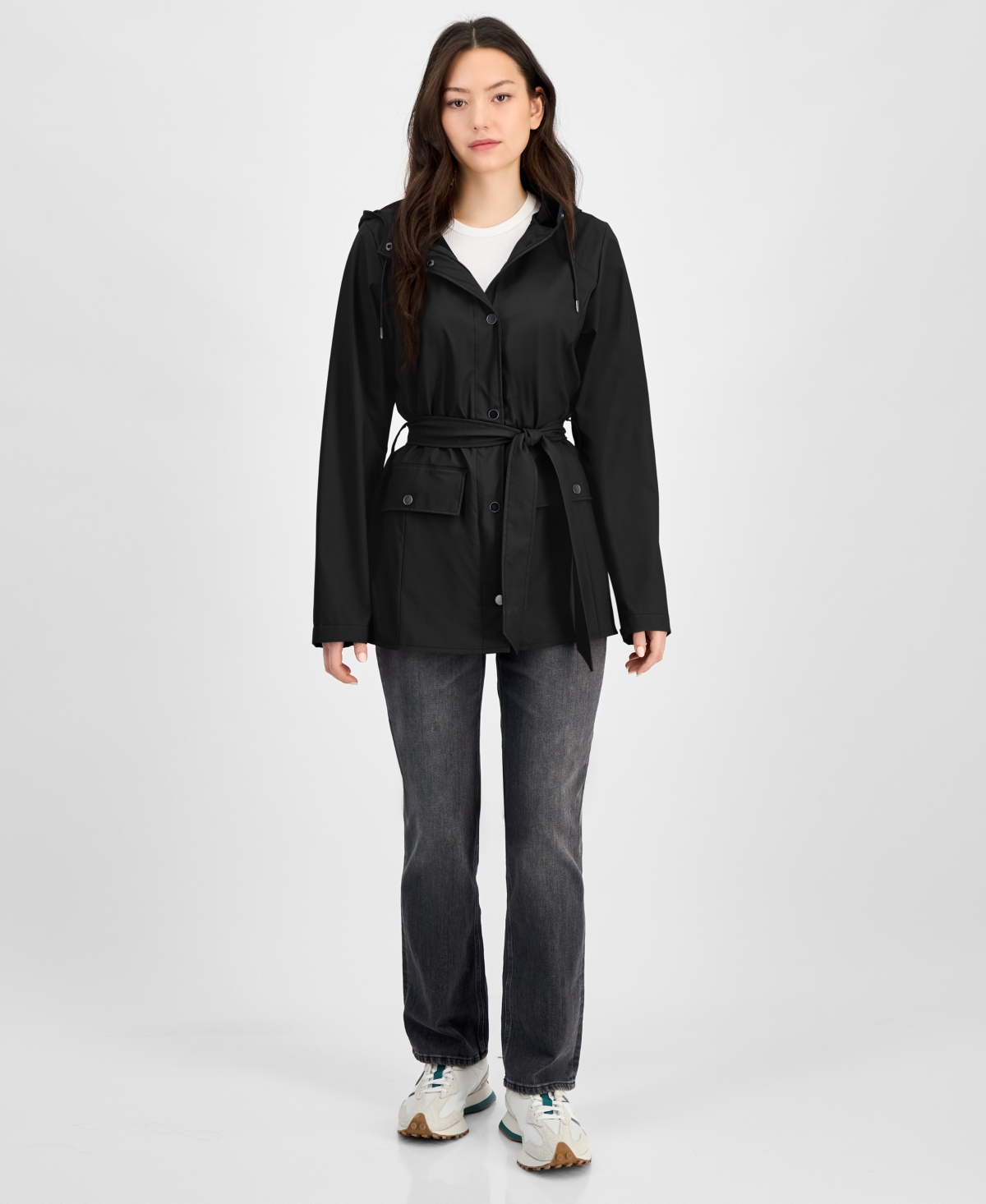 Rains Belted Black Raincoat In Black Grain