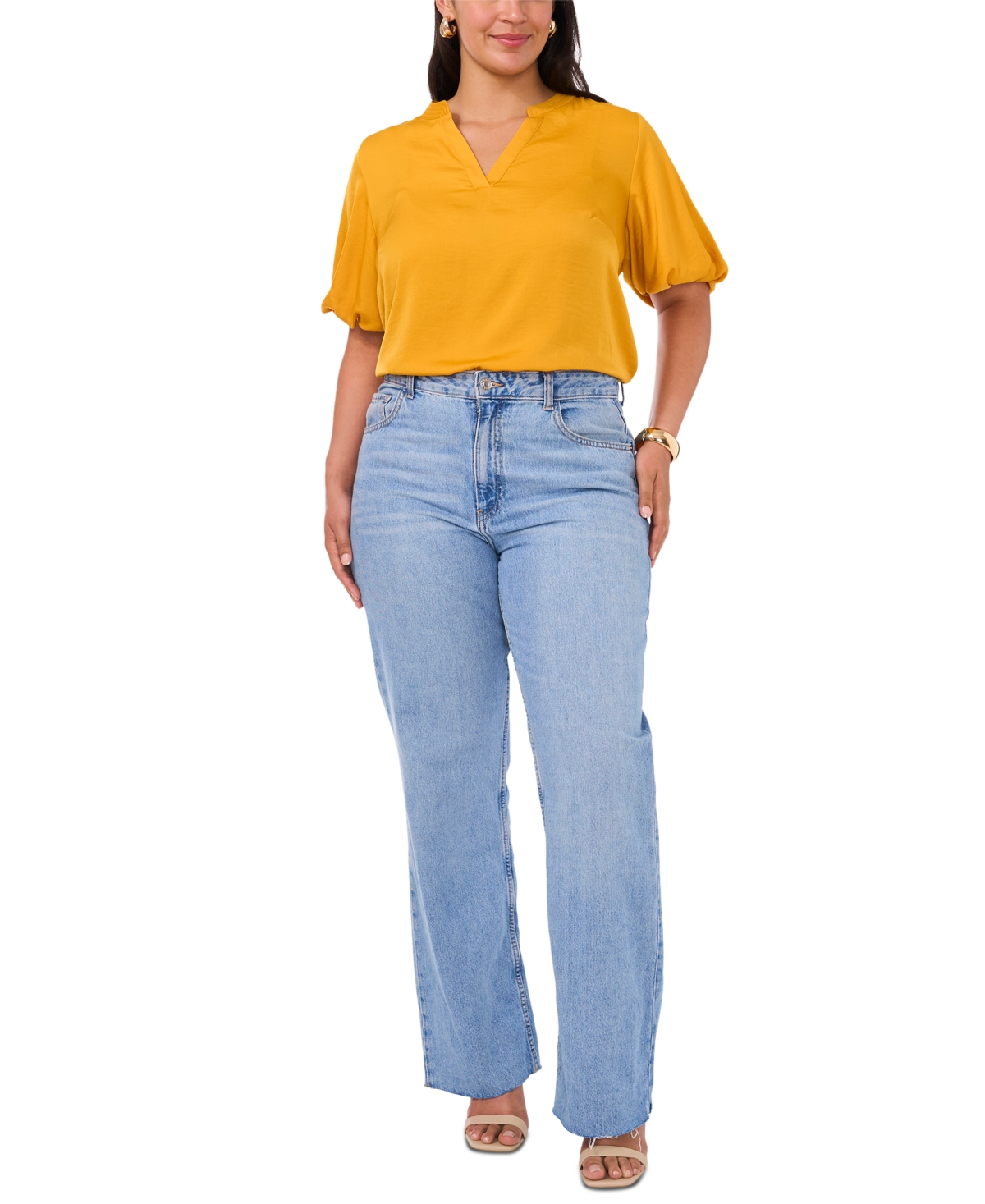 VINCE CAMUTO PLUS SIZE SPLIT-NECK PUFFED-SLEEVE TOP 