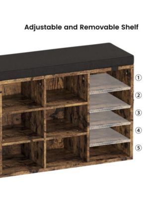 104" Wood & Metal Cushion Shoe Bench with Side Pocket, Adjustable Shelves & 10-Cubby Organizer Cabinet