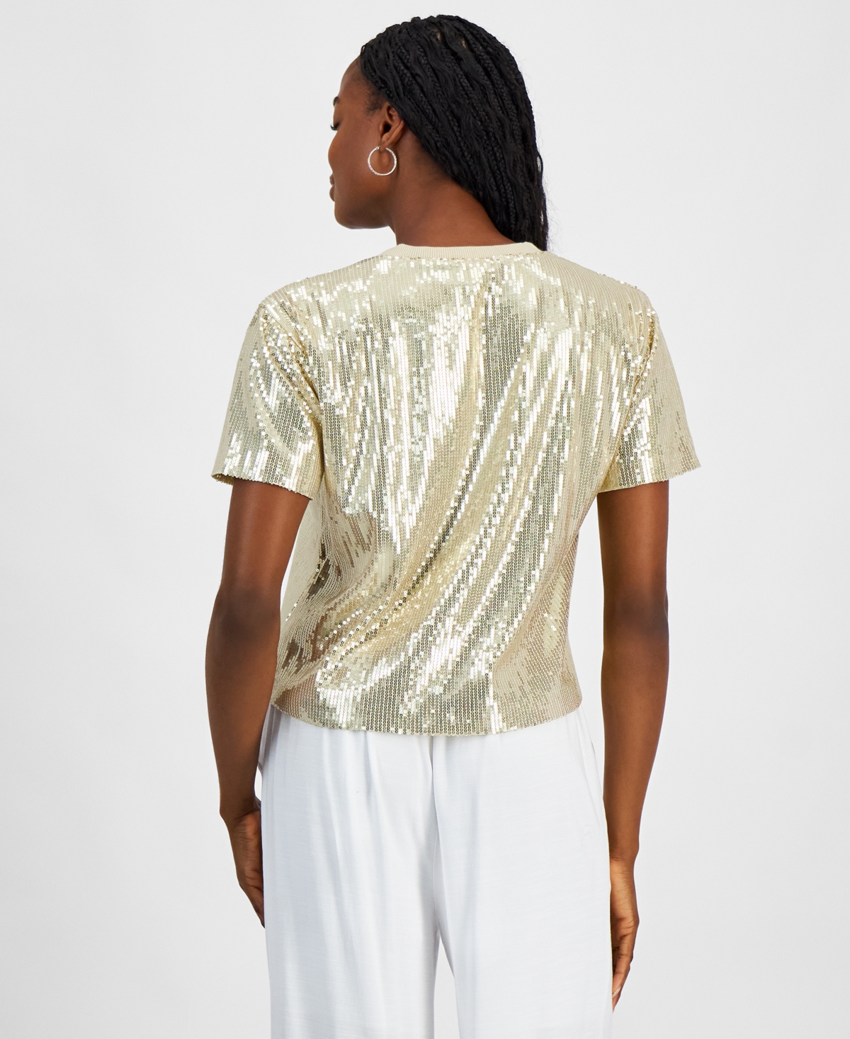 Bar Iii Women's Sequin Short-Sleeve Crewneck Top, Created for Macy's